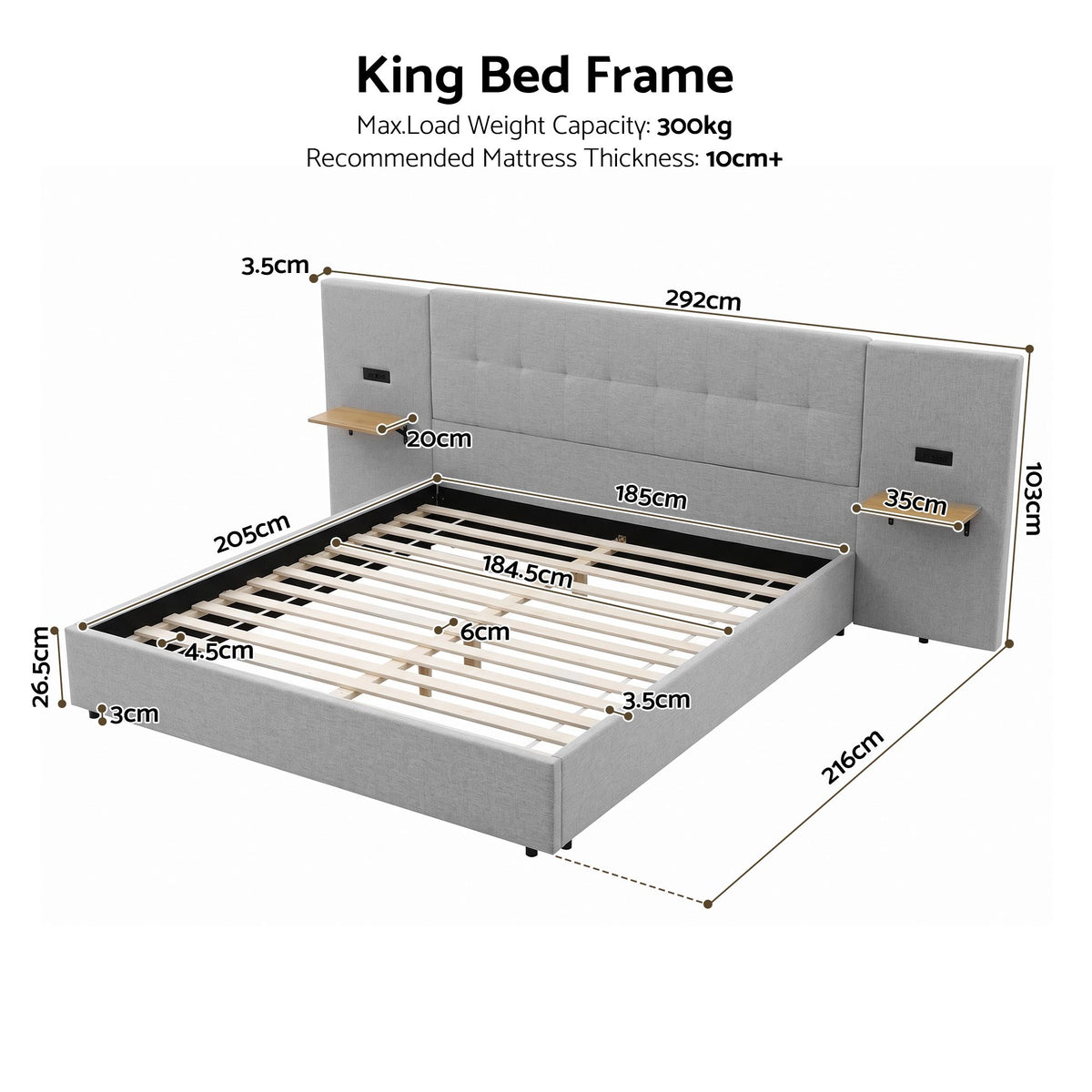 King Bed Frame with Wide Floating Shelves, USB Charging and Upholstered Headboard - Grey