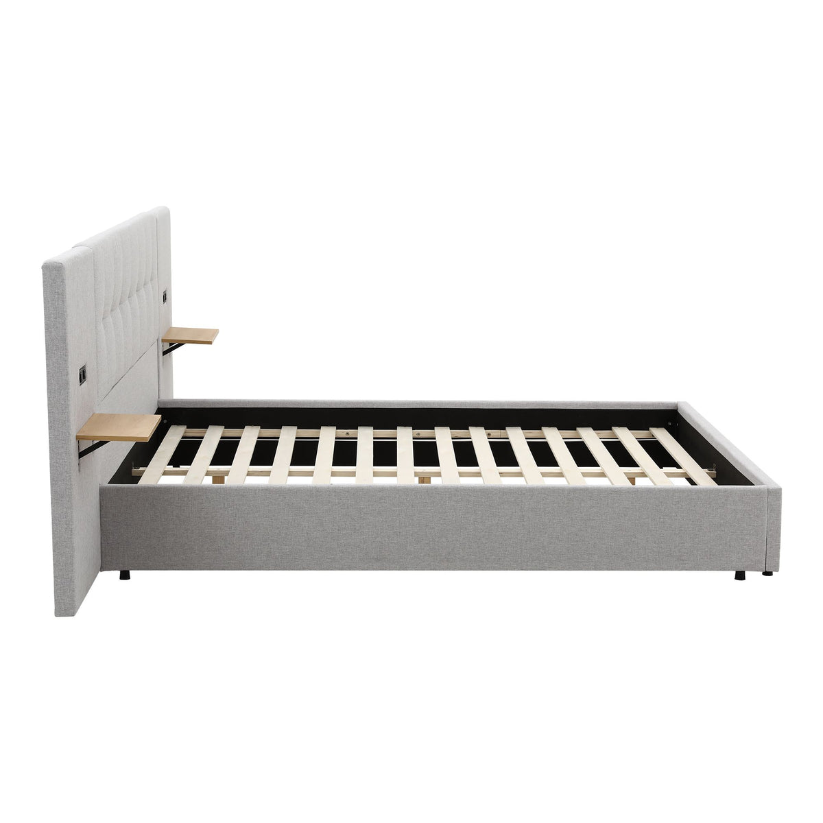 King Bed Frame with Wide Floating Shelves, USB Charging and Upholstered Headboard - Grey
