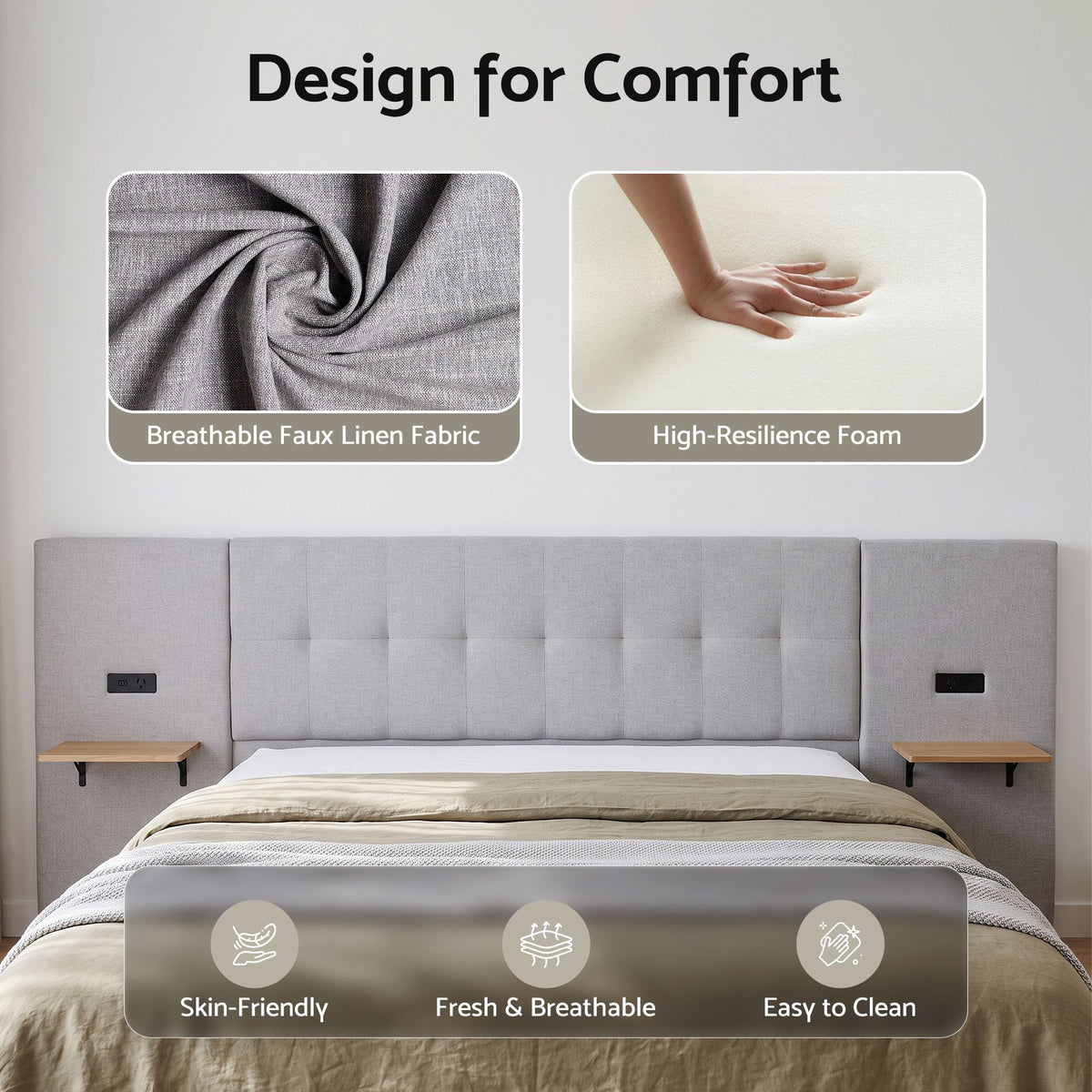 King Bed Frame with Wide Floating Shelves, USB Charging and Upholstered Headboard - Grey