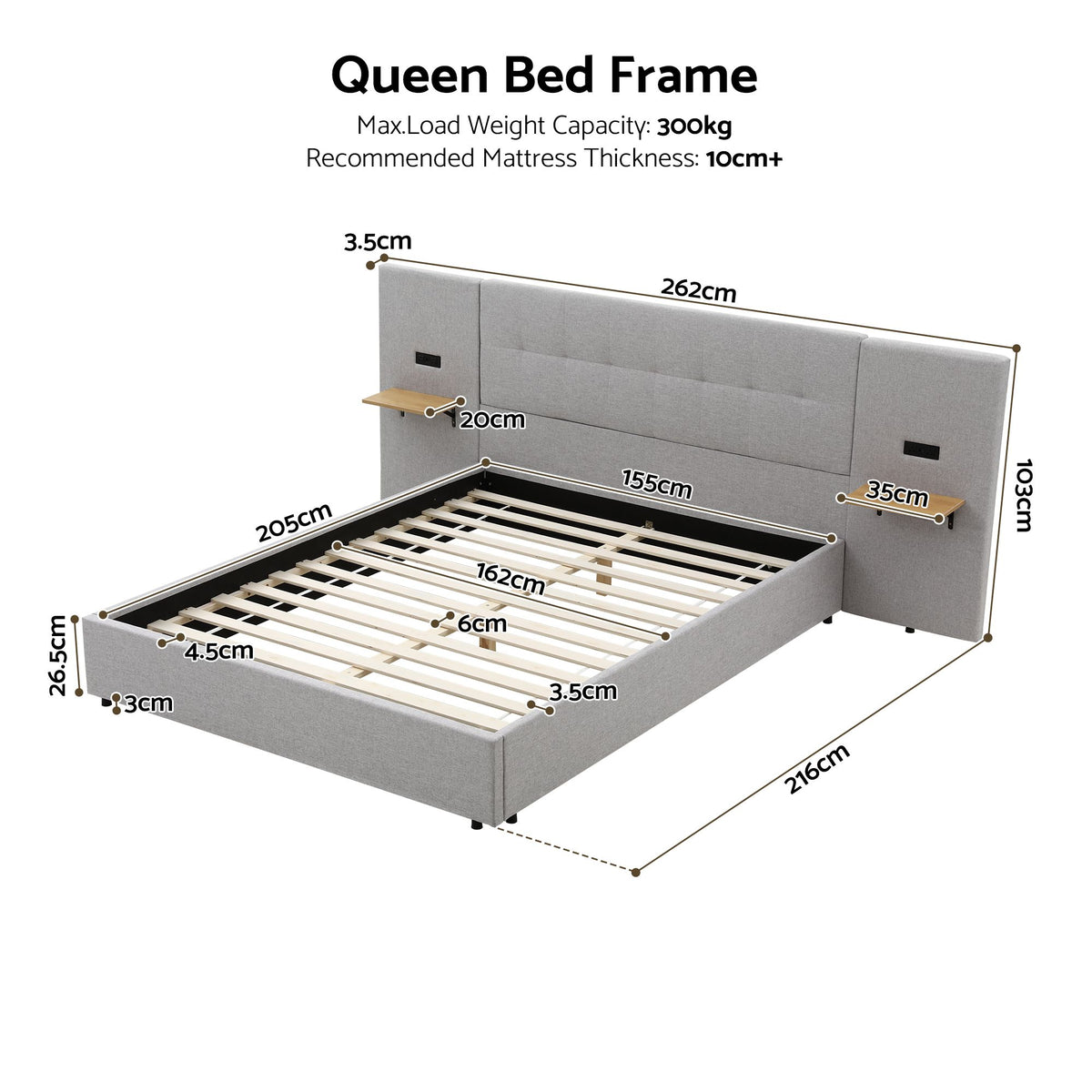 Queen Bed Frame with Wide Upholstered Headboard, Floating Shelves & USB Ports - Grey