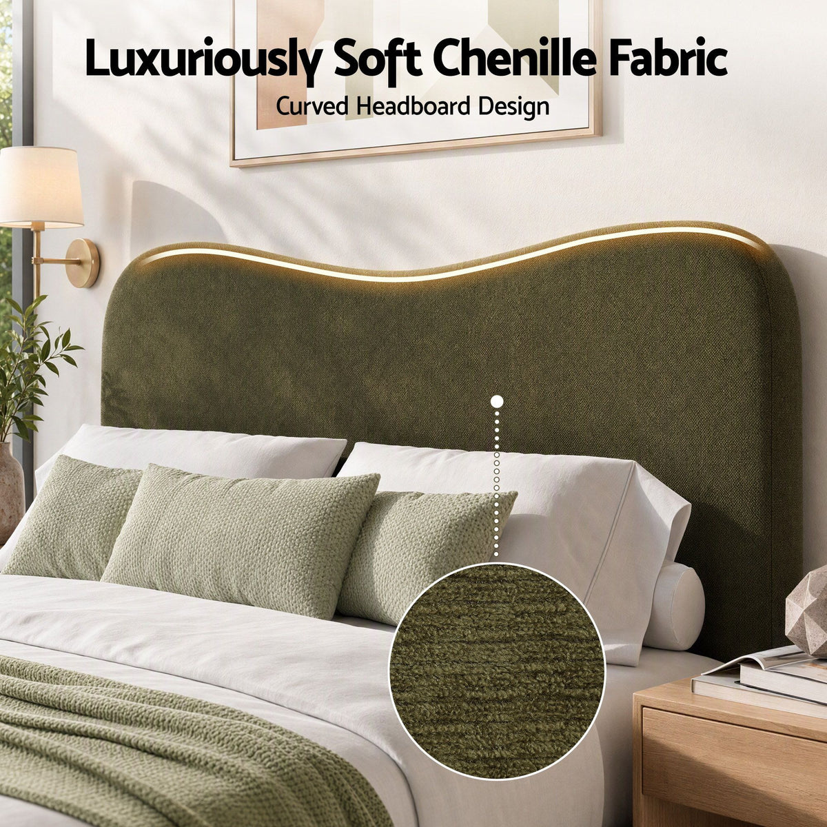 Double Bed Frame with Storage Drawer and Chenille Curved Headboard