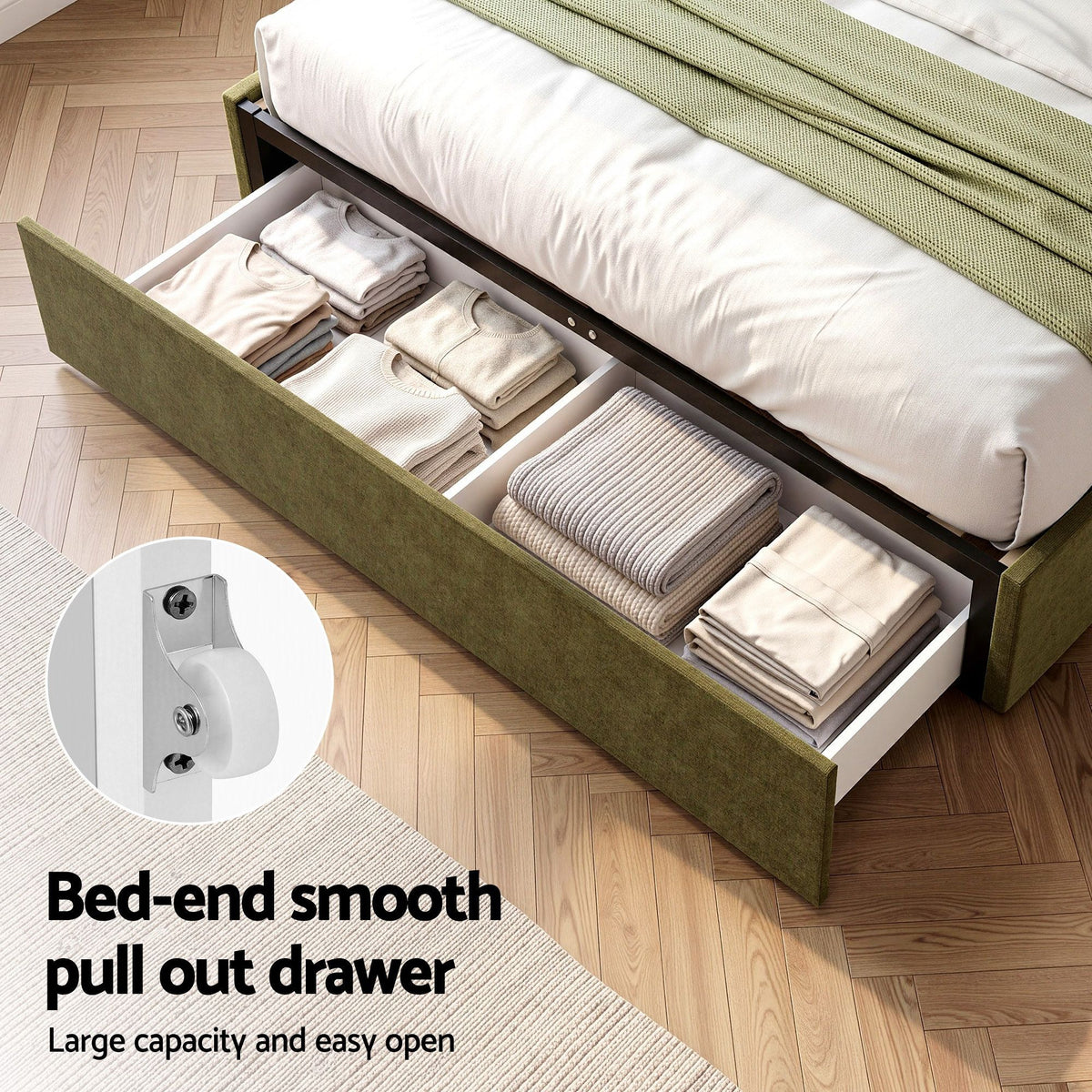 Double Bed Frame with Storage Drawer and Chenille Curved Headboard