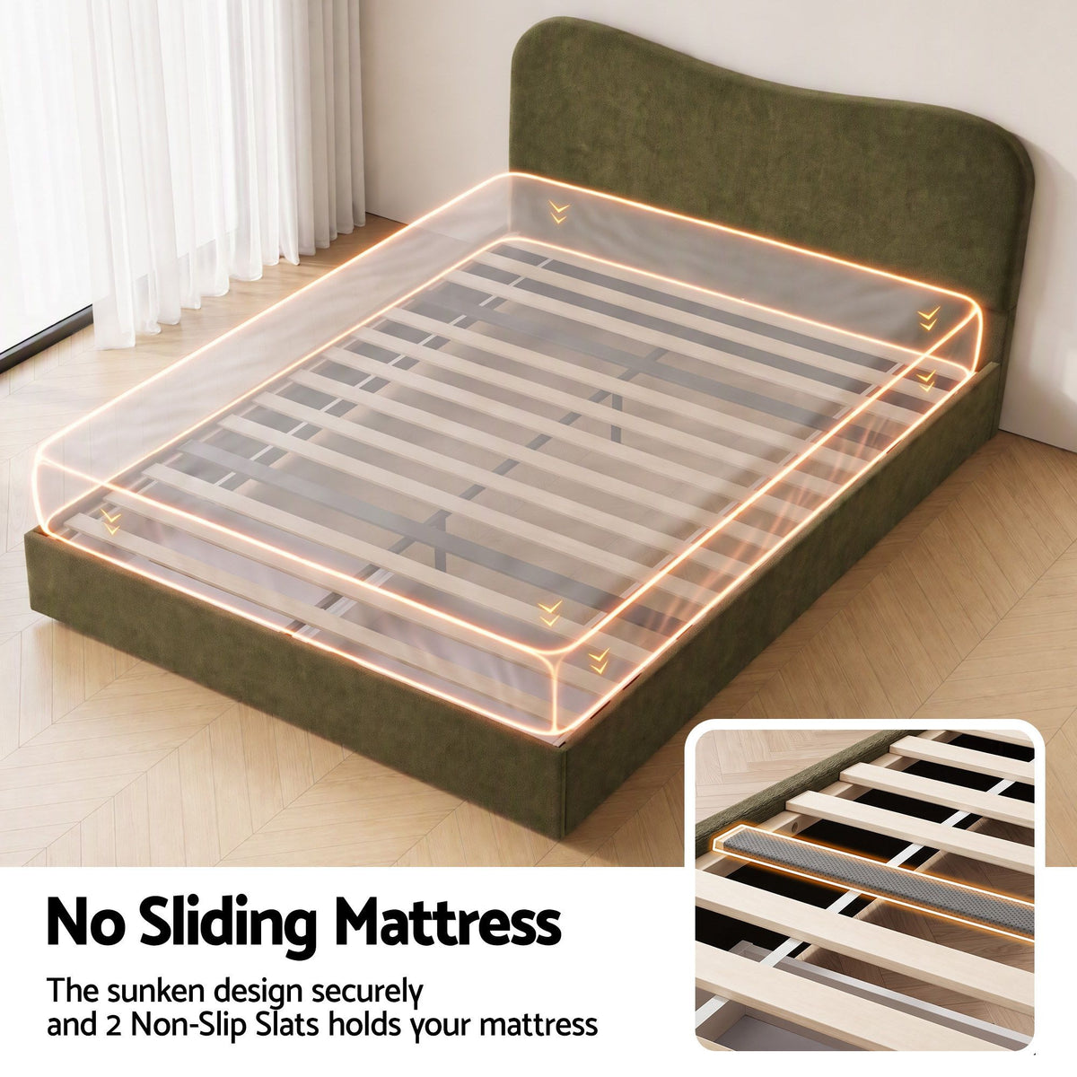 Queen Bed Frame with Storage Drawer and Chenille Curved Headboard