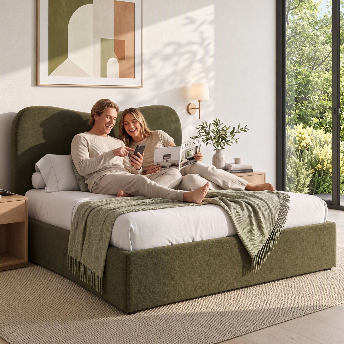 Queen Bed Frame with Storage Drawer and Chenille Curved Headboard