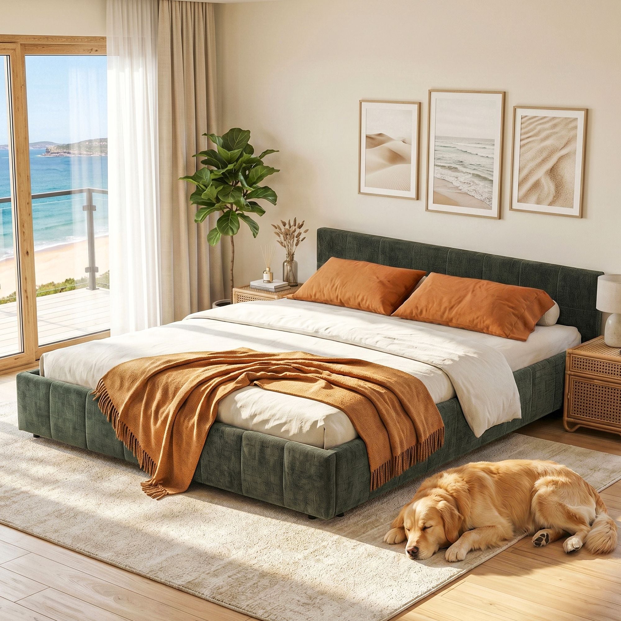 Double Bed Frame Chenille Heavy Duty Platform Base Green 300kg Support No Box Spring Needed