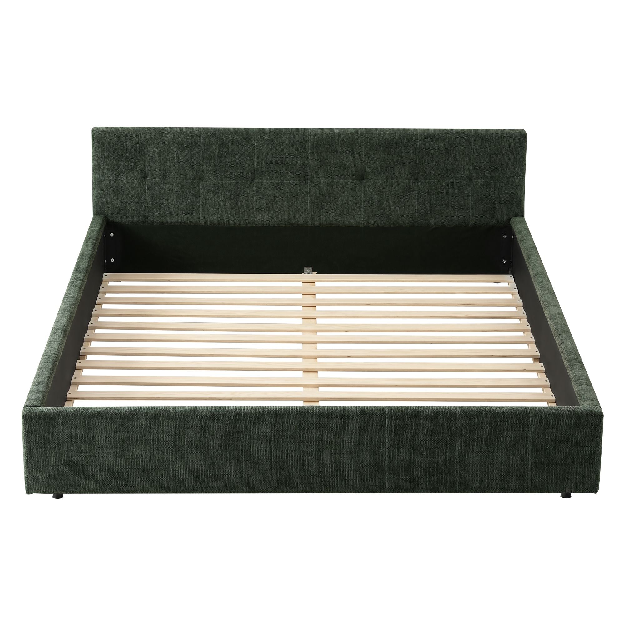 King Bed Frame Chenille Heavy Duty Platform Base Green 300kg Support No Box Spring Needed