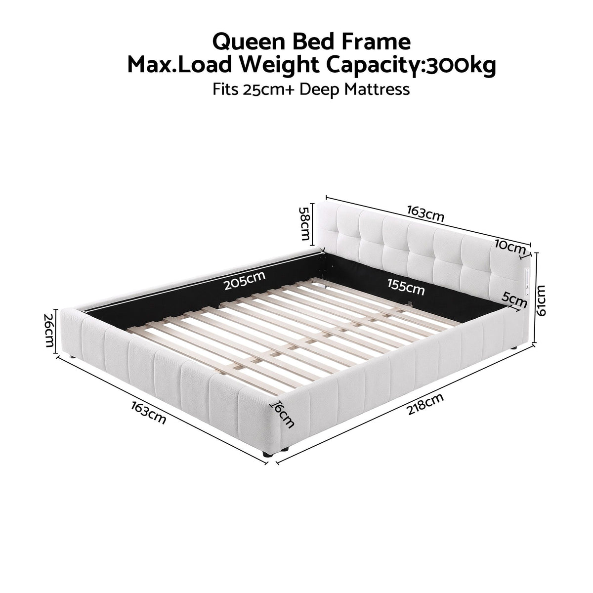 Queen Upholstered Bed Frame with USB & Type-C Charging, LED Lights & Tufted Headboard