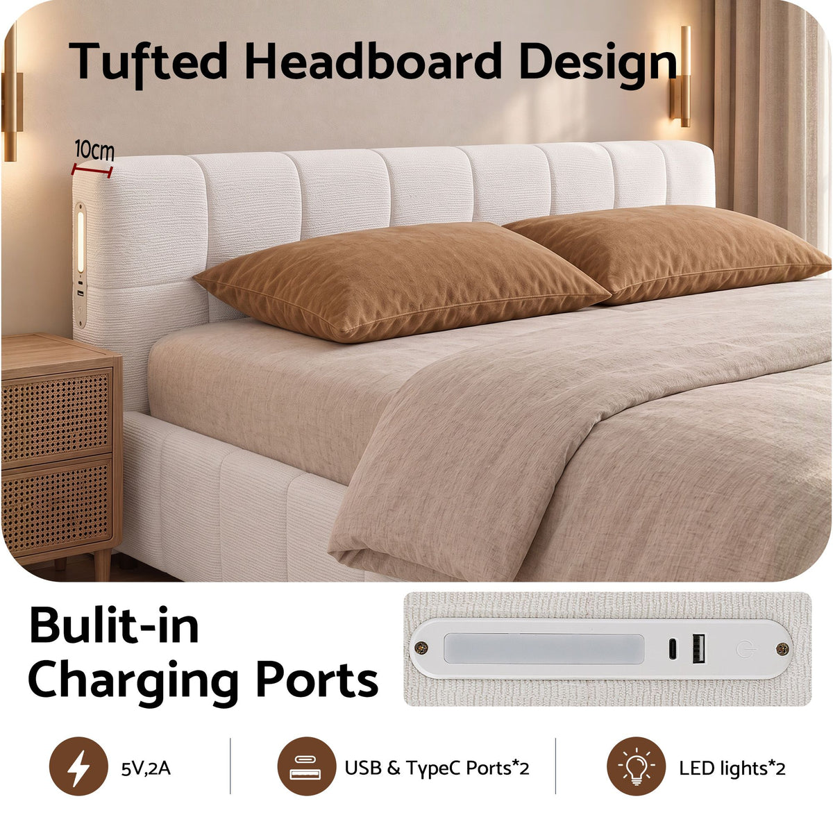 Queen Upholstered Bed Frame with USB & Type-C Charging, LED Lights & Tufted Headboard