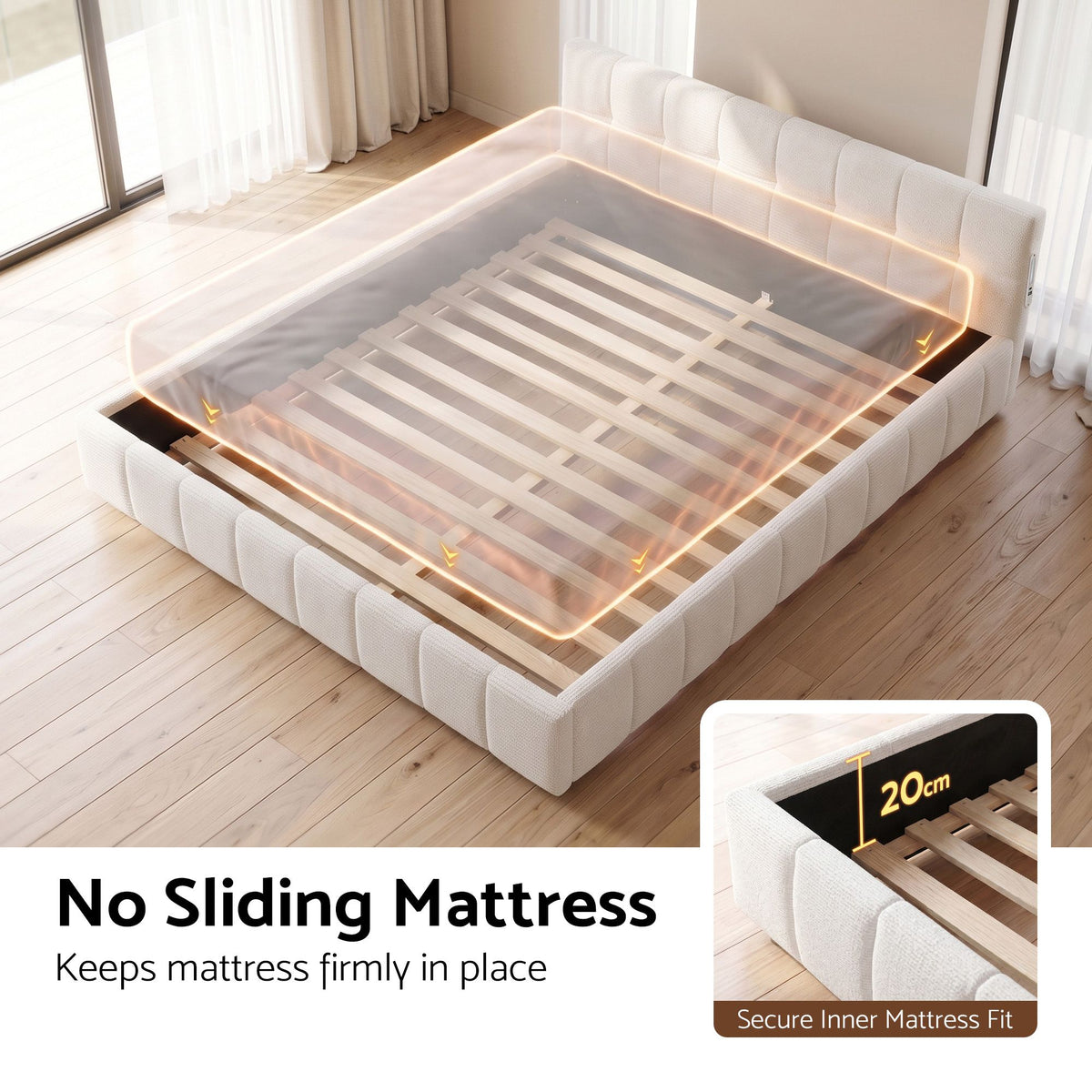 Queen Upholstered Bed Frame with USB & Type-C Charging, LED Lights & Tufted Headboard