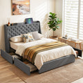 Double Bed Frame with 4 Storage Drawers and Charging Station Tufted Wingback Headboard 300kg Loads Charcoal Grey