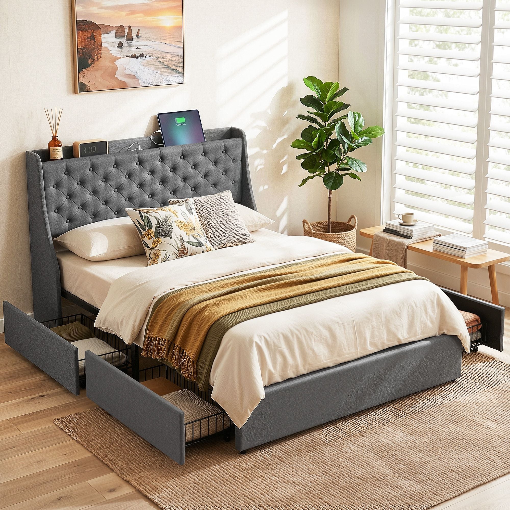 Double Bed Frame with 4 Storage Drawers and Charging Station Tufted Wingback Headboard 300kg Loads Charcoal Grey