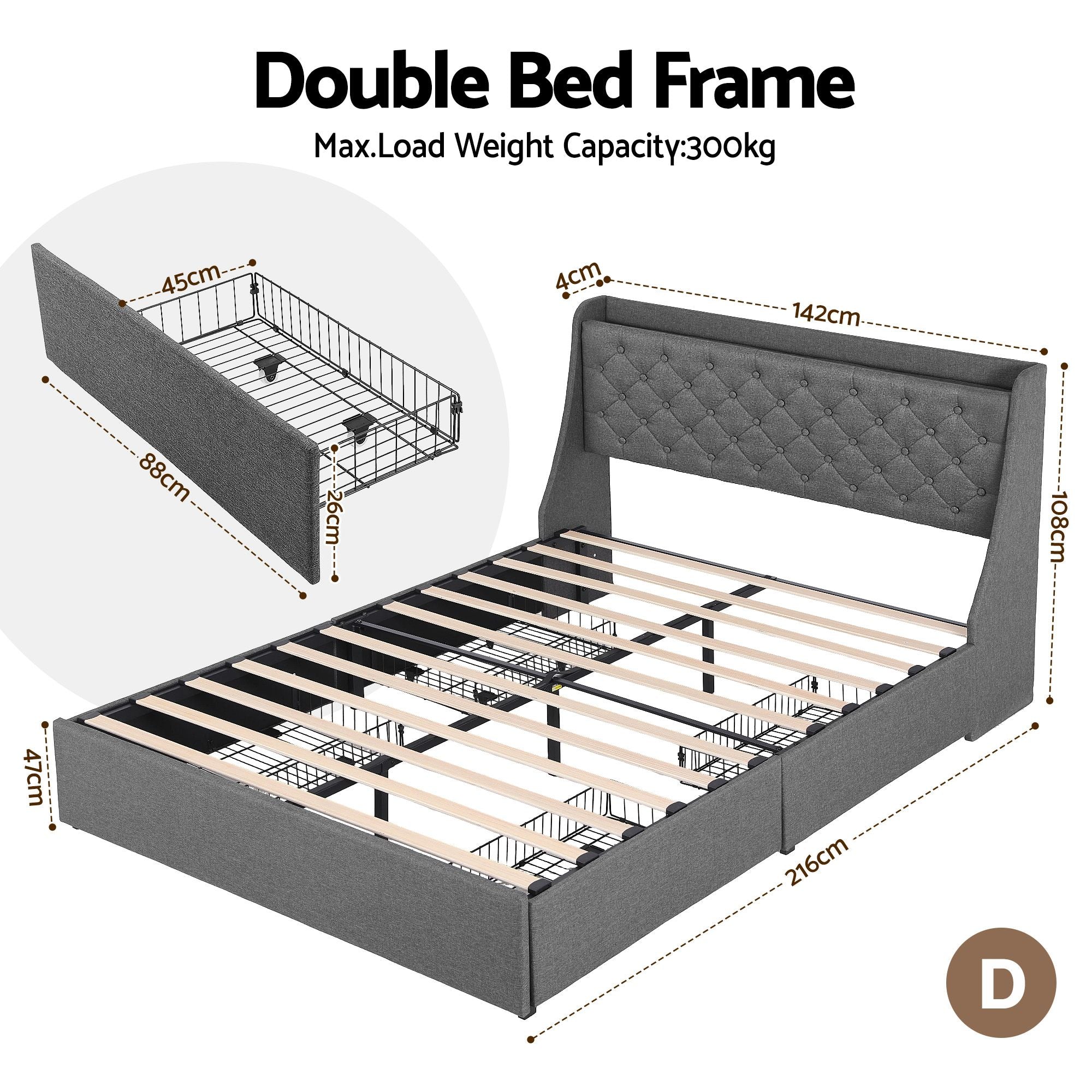 Double Bed Frame with 4 Storage Drawers and Charging Station Tufted Wingback Headboard 300kg Loads Charcoal Grey