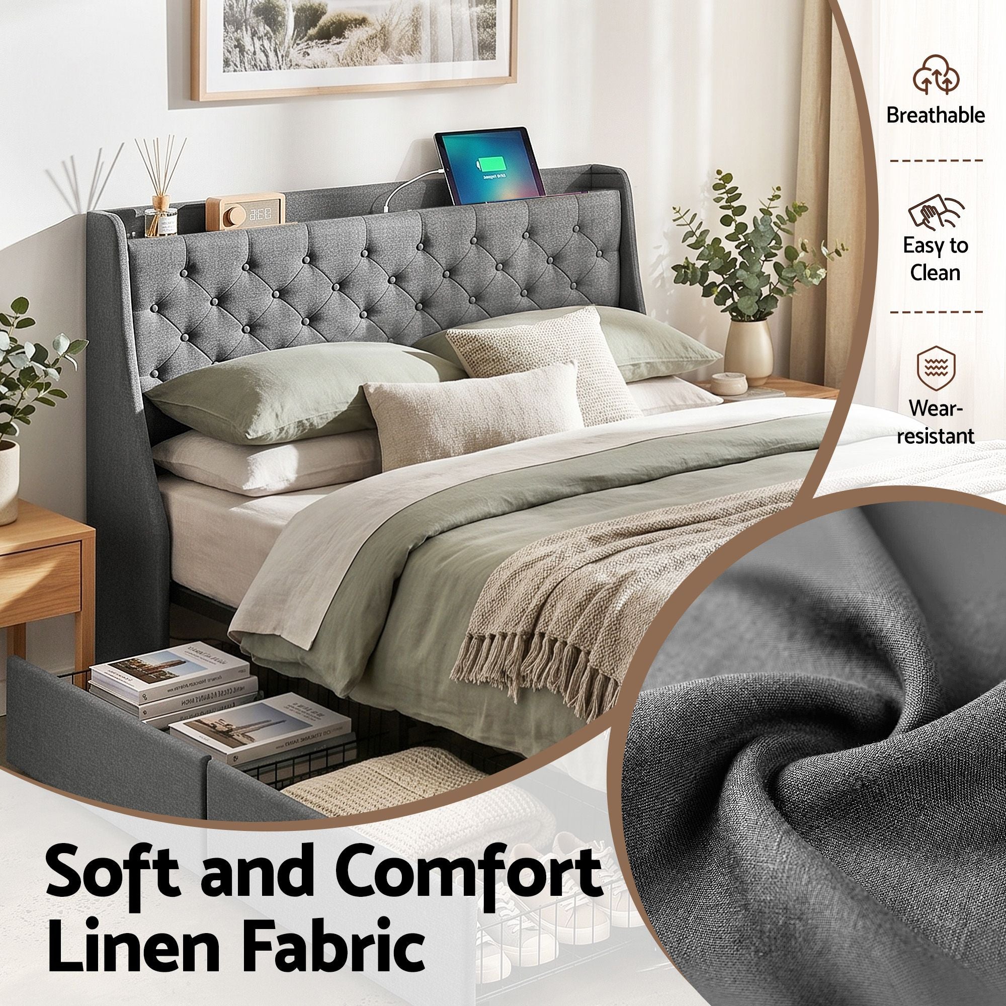 Double Bed Frame with 4 Storage Drawers and Charging Station Tufted Wingback Headboard 300kg Loads Charcoal Grey