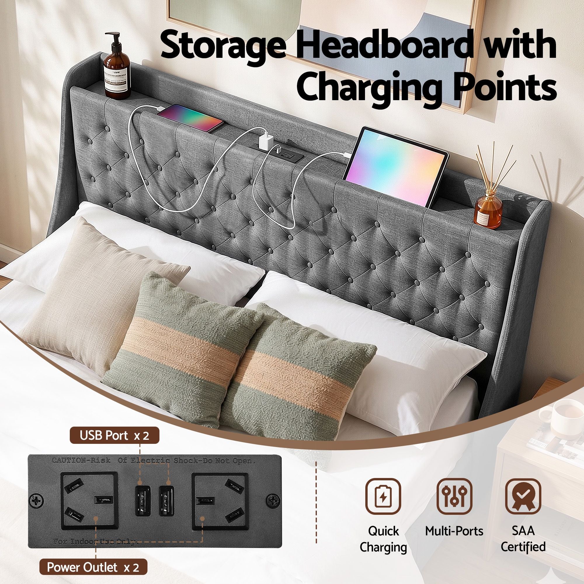 King Bed Frame with 4 Storage Drawers and Charging Station Tufted Wingback Headboard 300kg Loads Charcoal Grey