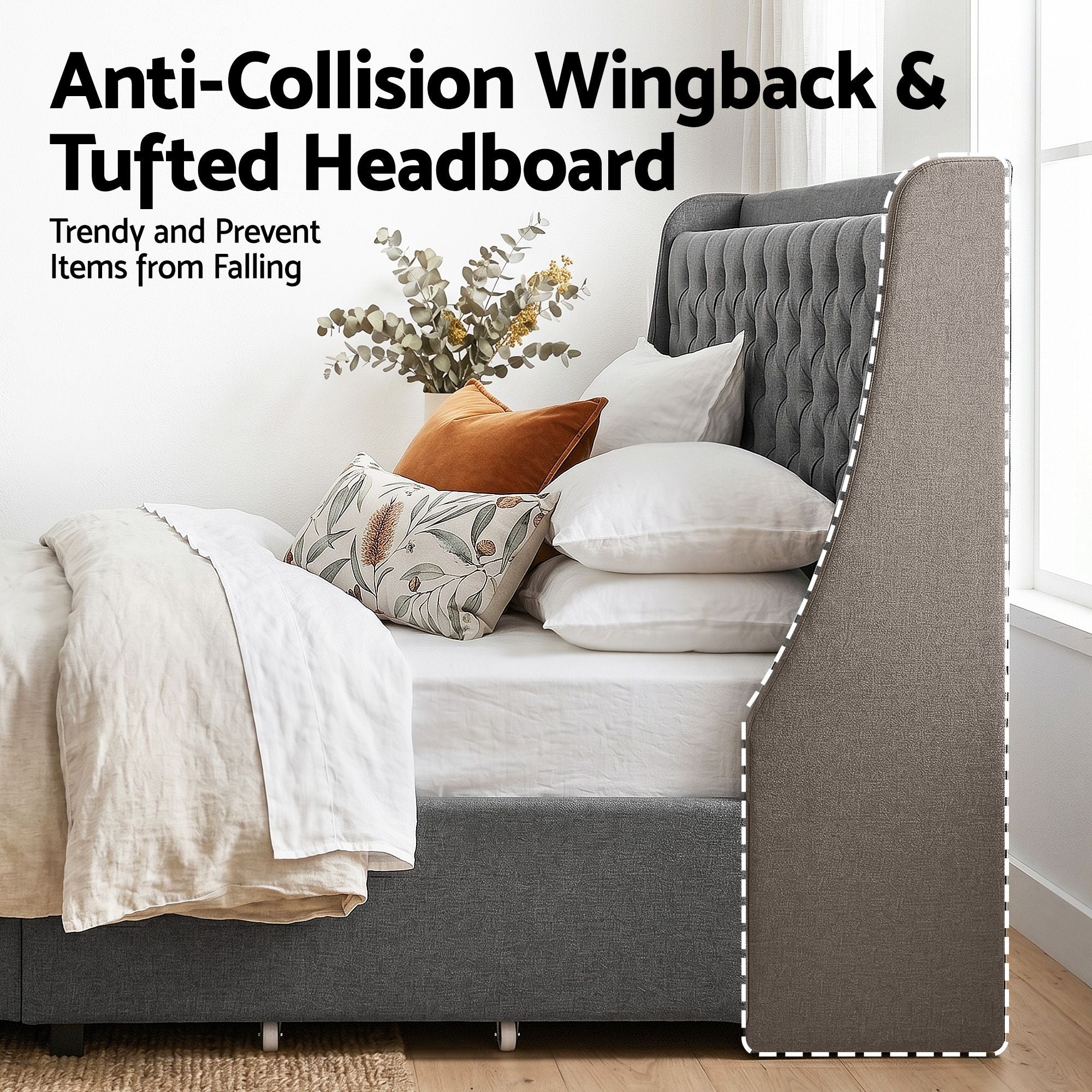 King Bed Frame with 4 Storage Drawers and Charging Station Tufted Wingback Headboard 300kg Loads Charcoal Grey