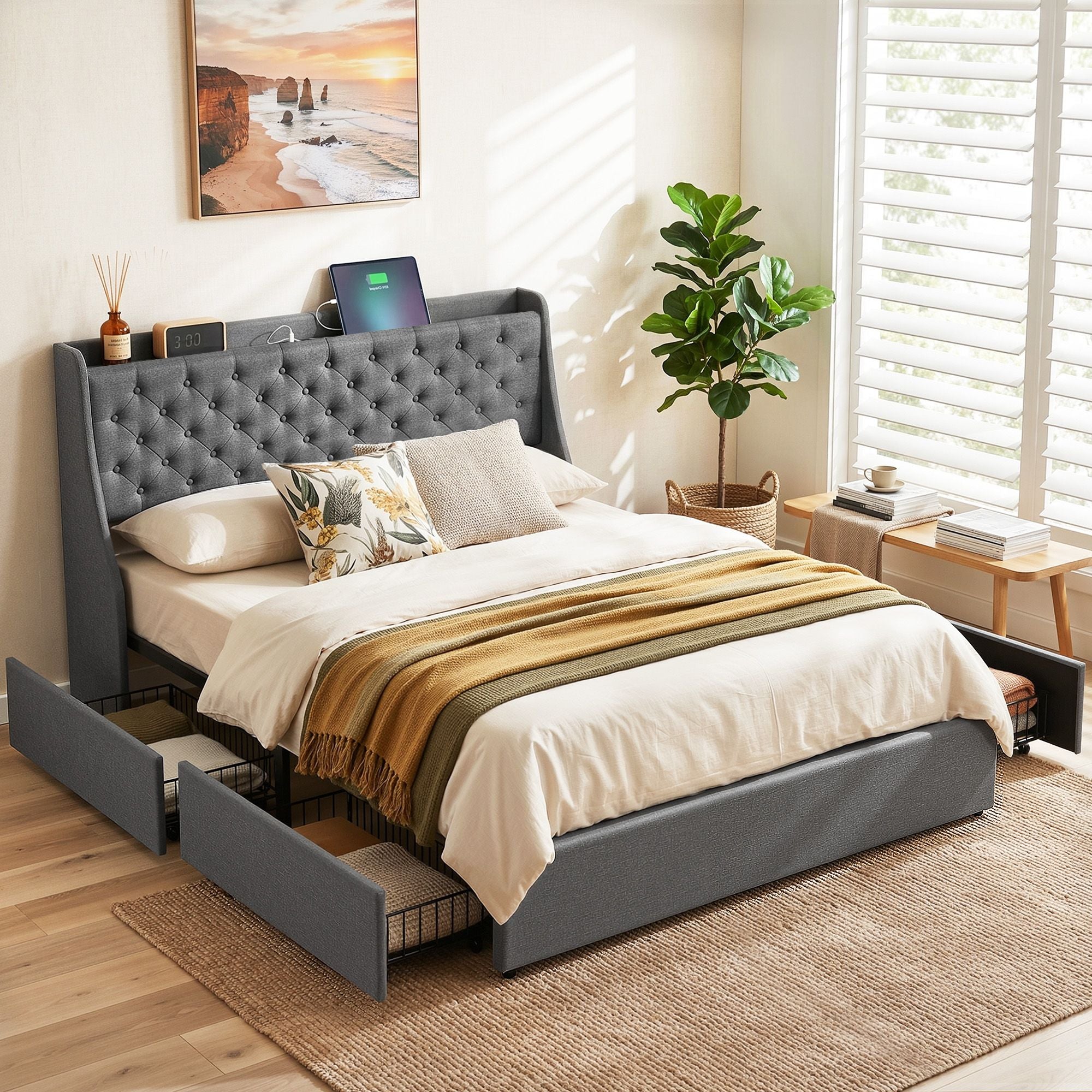 Queen Bed Frame with 4 Storage Drawers and Charging Station Tufted Wingback Headboard 300kg Loads Charcoal Grey
