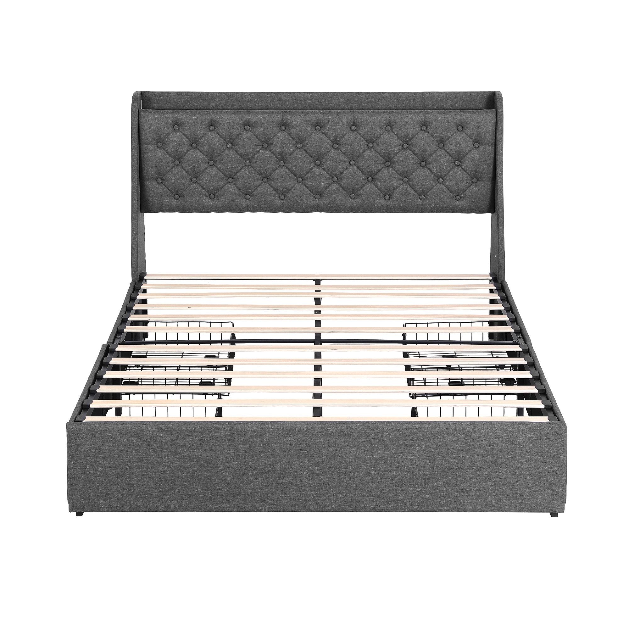 Queen Bed Frame with 4 Storage Drawers and Charging Station Tufted Wingback Headboard 300kg Loads Charcoal Grey