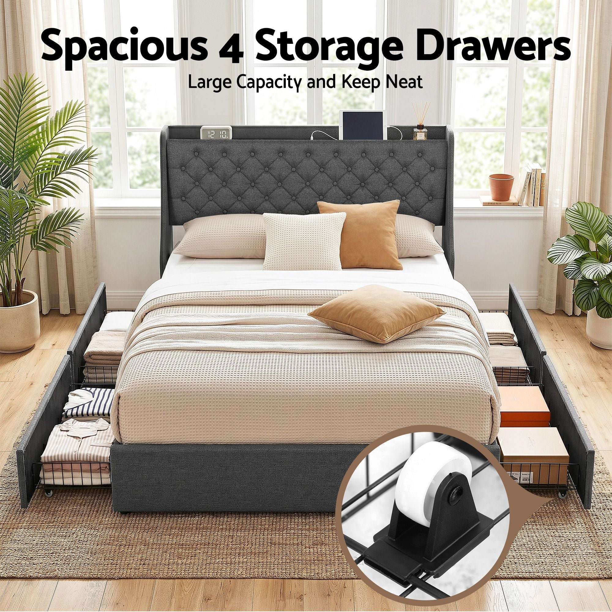 Queen Bed Frame with 4 Storage Drawers and Charging Station Tufted Wingback Headboard 300kg Loads Charcoal Grey