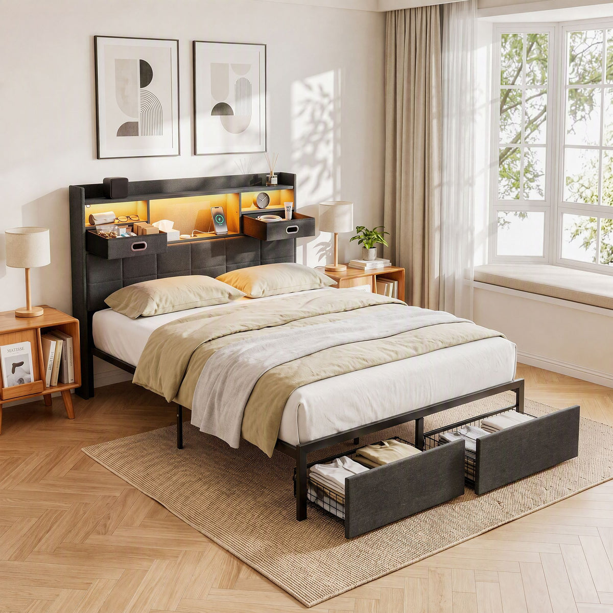 Double Bed Frame with 2 Storage Drawers, Headboard, USB Charging & RGB LED Light