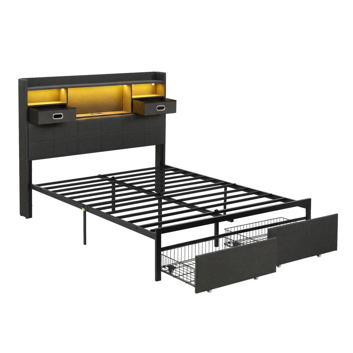 Double Bed Frame with 2 Storage Drawers, Headboard, USB Charging & RGB LED Light