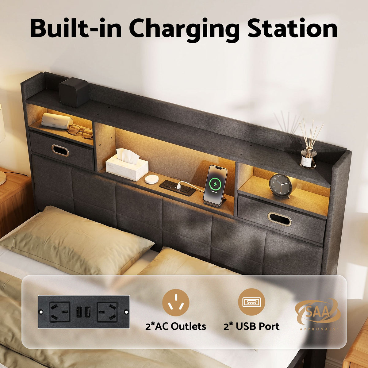 Double Bed Frame with 2 Storage Drawers, Headboard, USB Charging & RGB LED Light