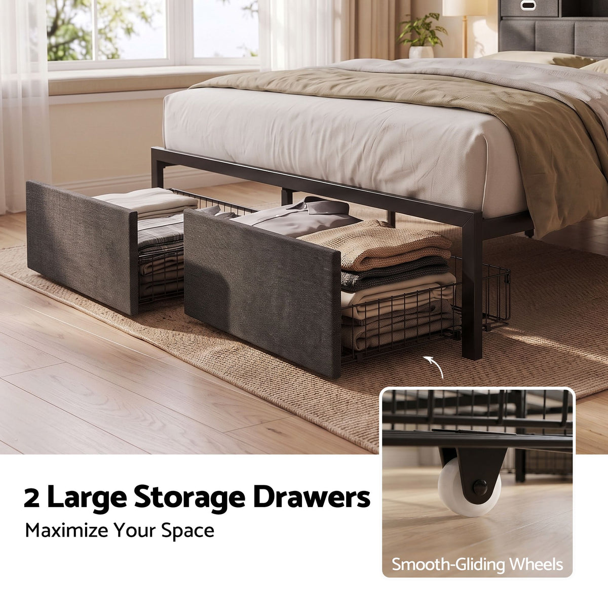 Double Bed Frame with 2 Storage Drawers, Headboard, USB Charging & RGB LED Light