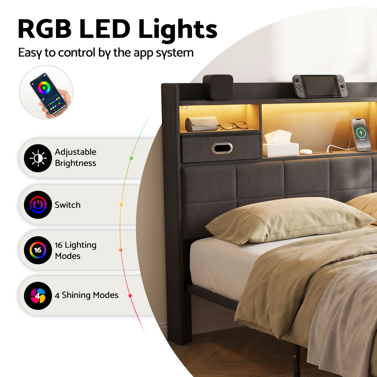 Double Bed Frame with 2 Storage Drawers, Headboard, USB Charging & RGB LED Light