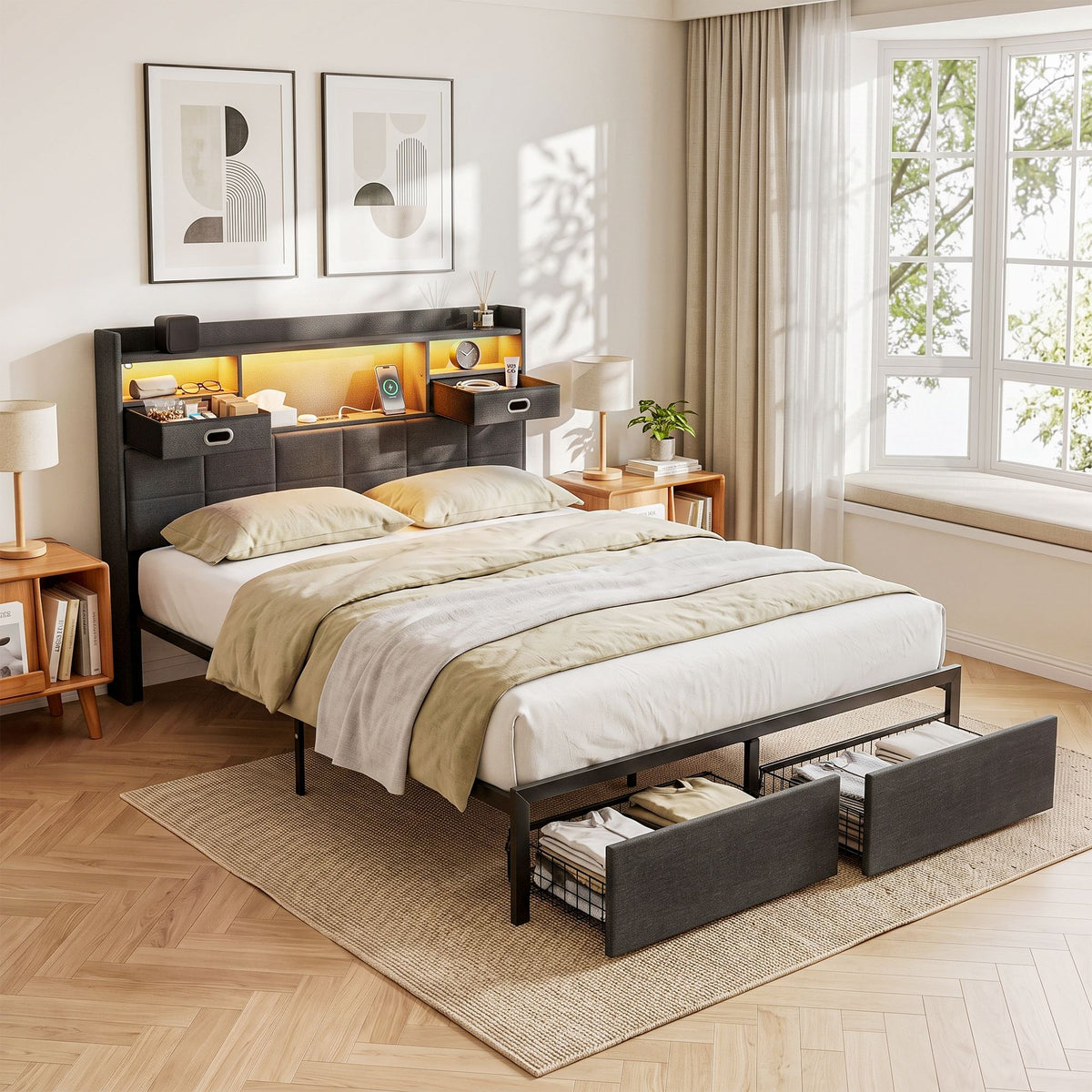 Queen Bed Frame with 2 Storage Drawers, USB Charging & LED Lighting