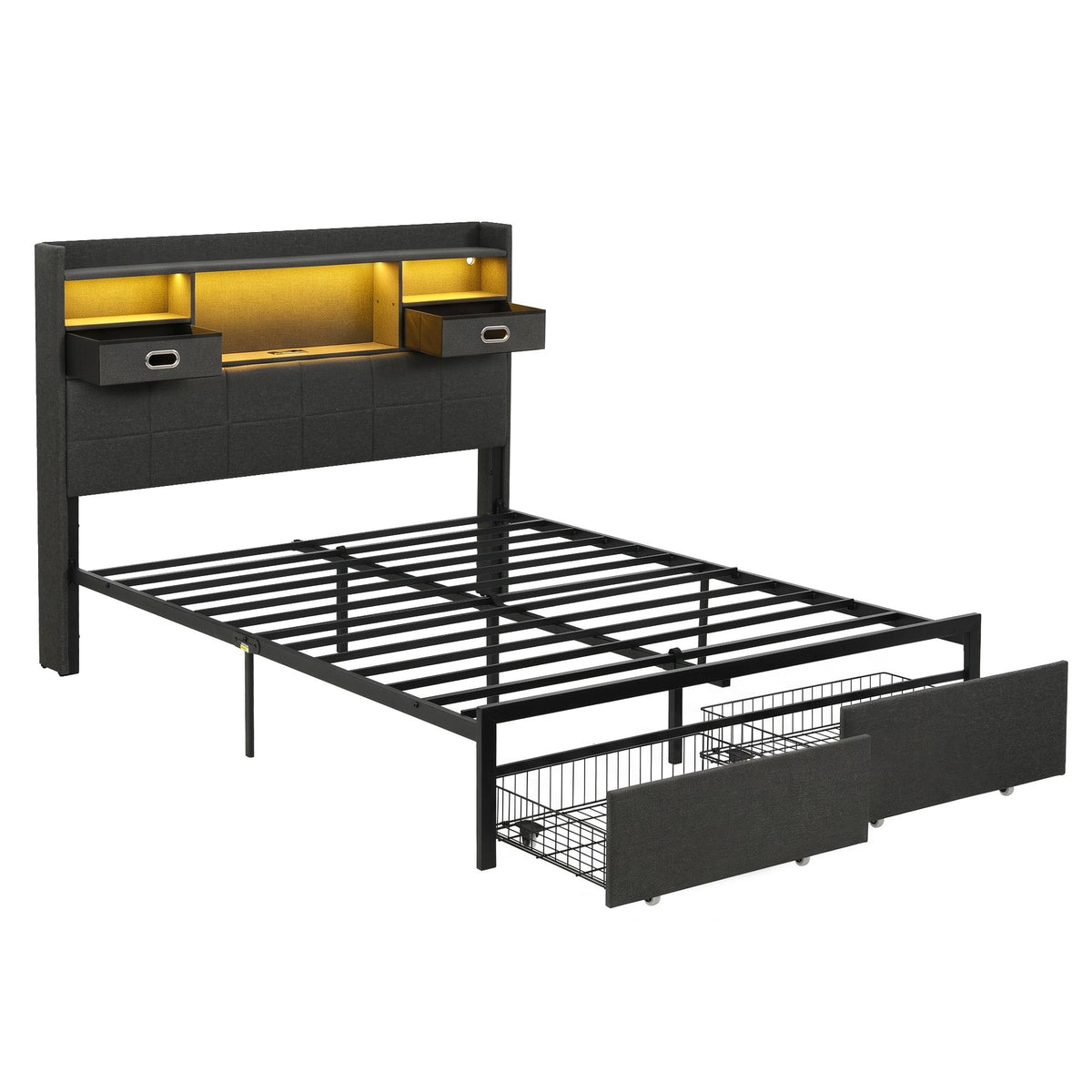 Queen Bed Frame with 2 Storage Drawers, USB Charging & LED Lighting