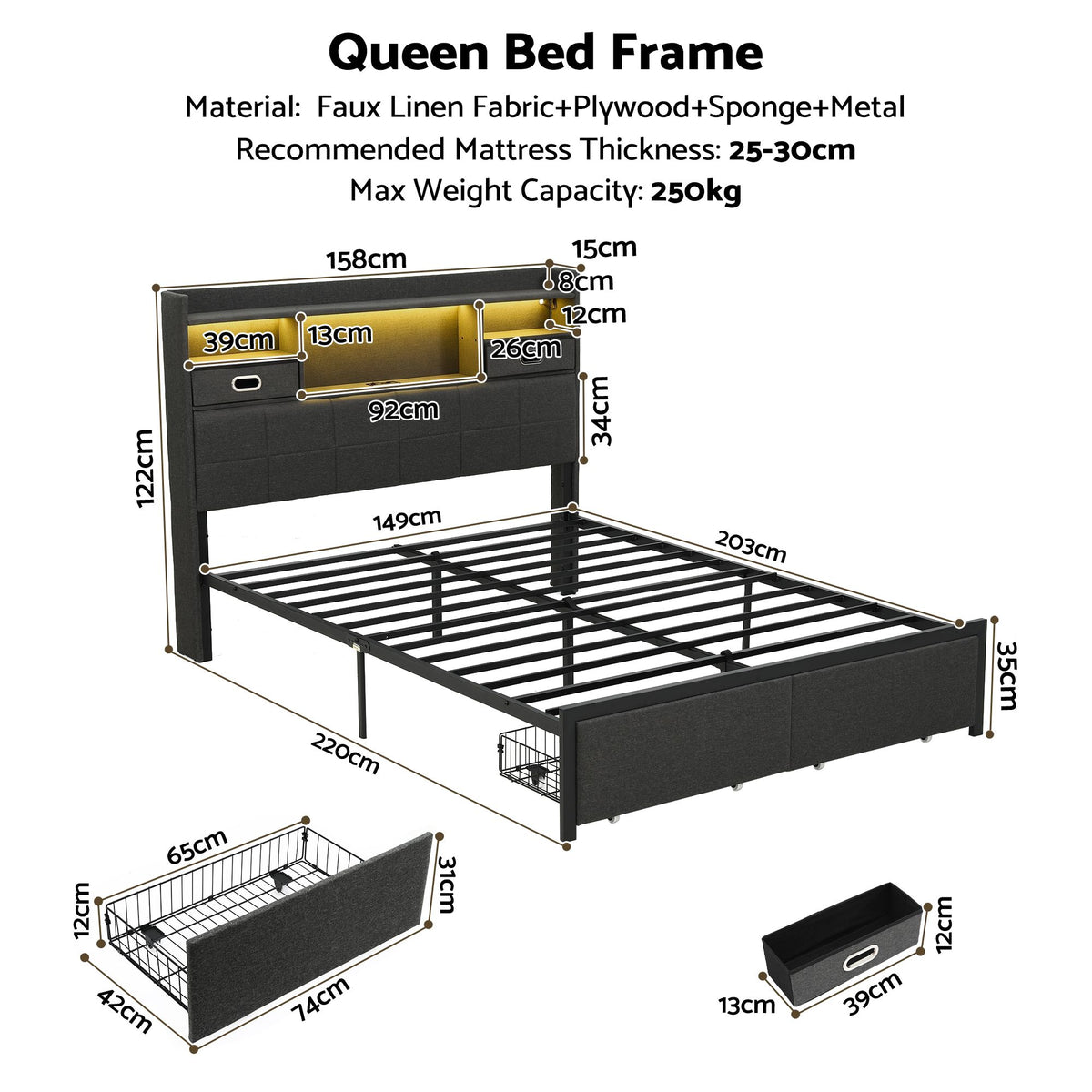 Queen Bed Frame with 2 Storage Drawers, USB Charging & LED Lighting