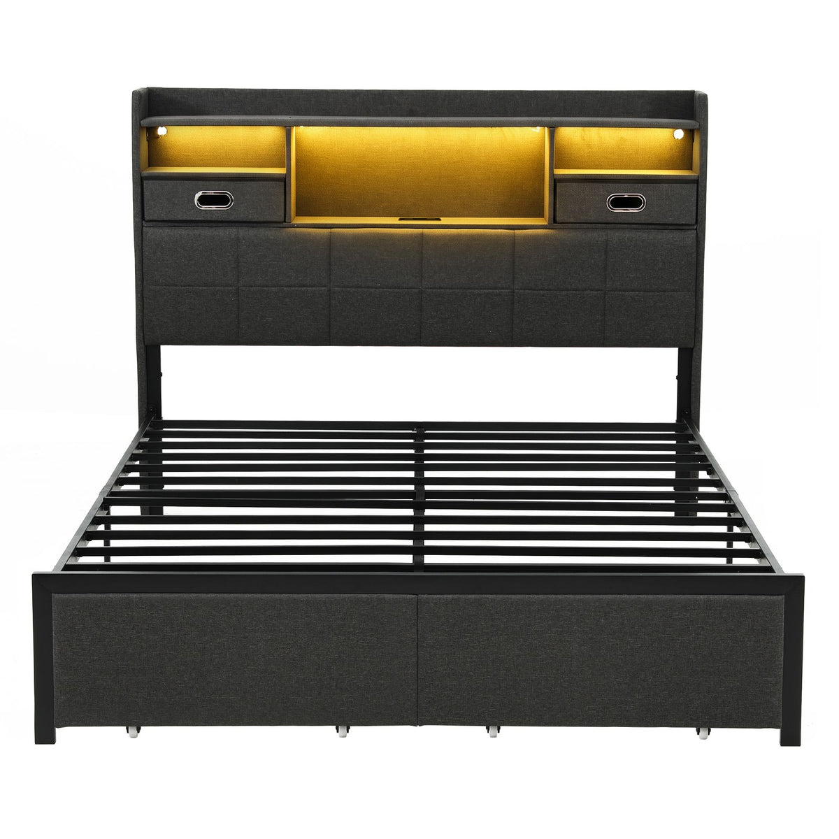 Queen Bed Frame with 2 Storage Drawers, USB Charging & LED Lighting