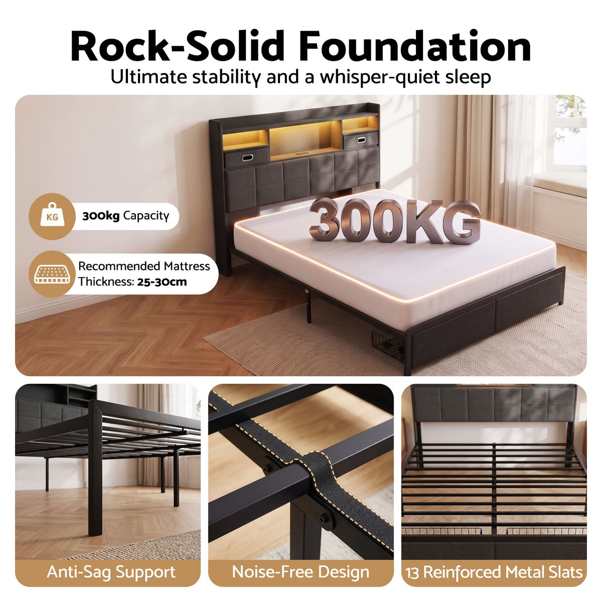 Queen Bed Frame with 2 Storage Drawers, USB Charging & LED Lighting
