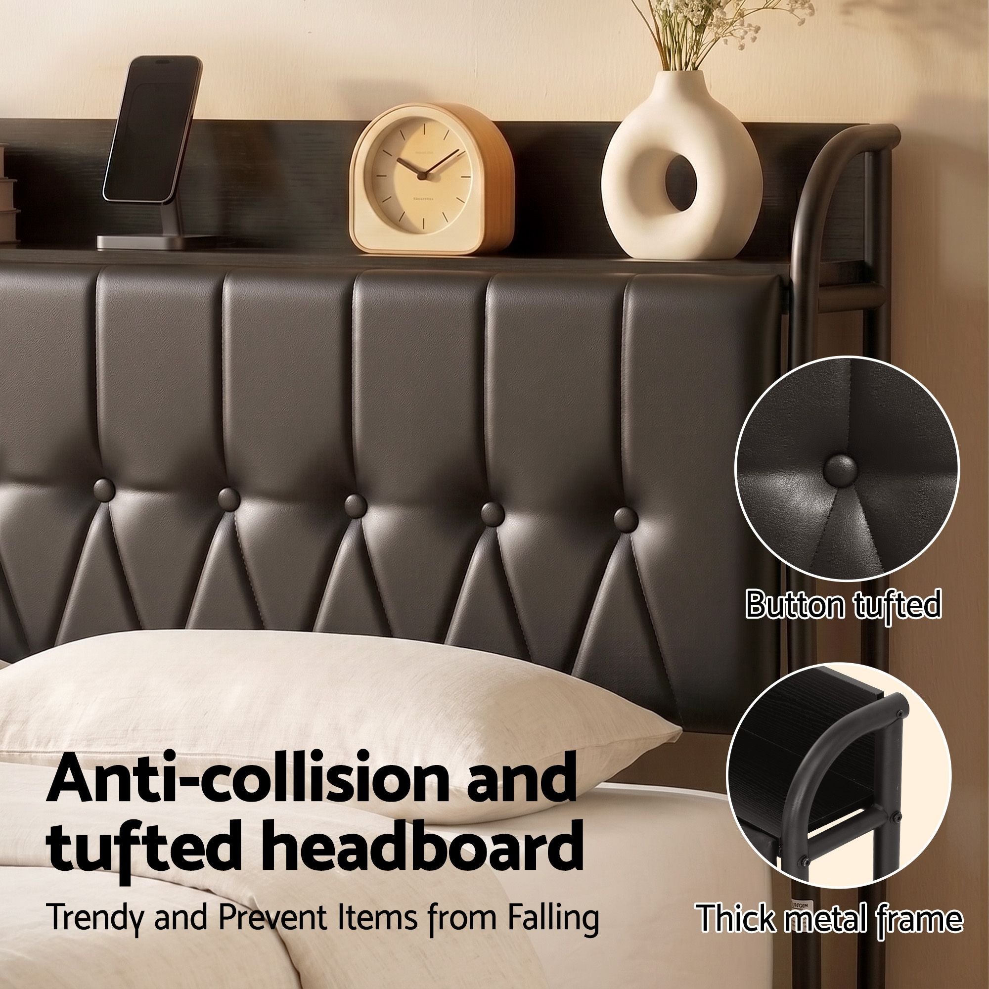 Double Bed Frame with Storage Headboard and SAA Certified Charging Station - PU Leather