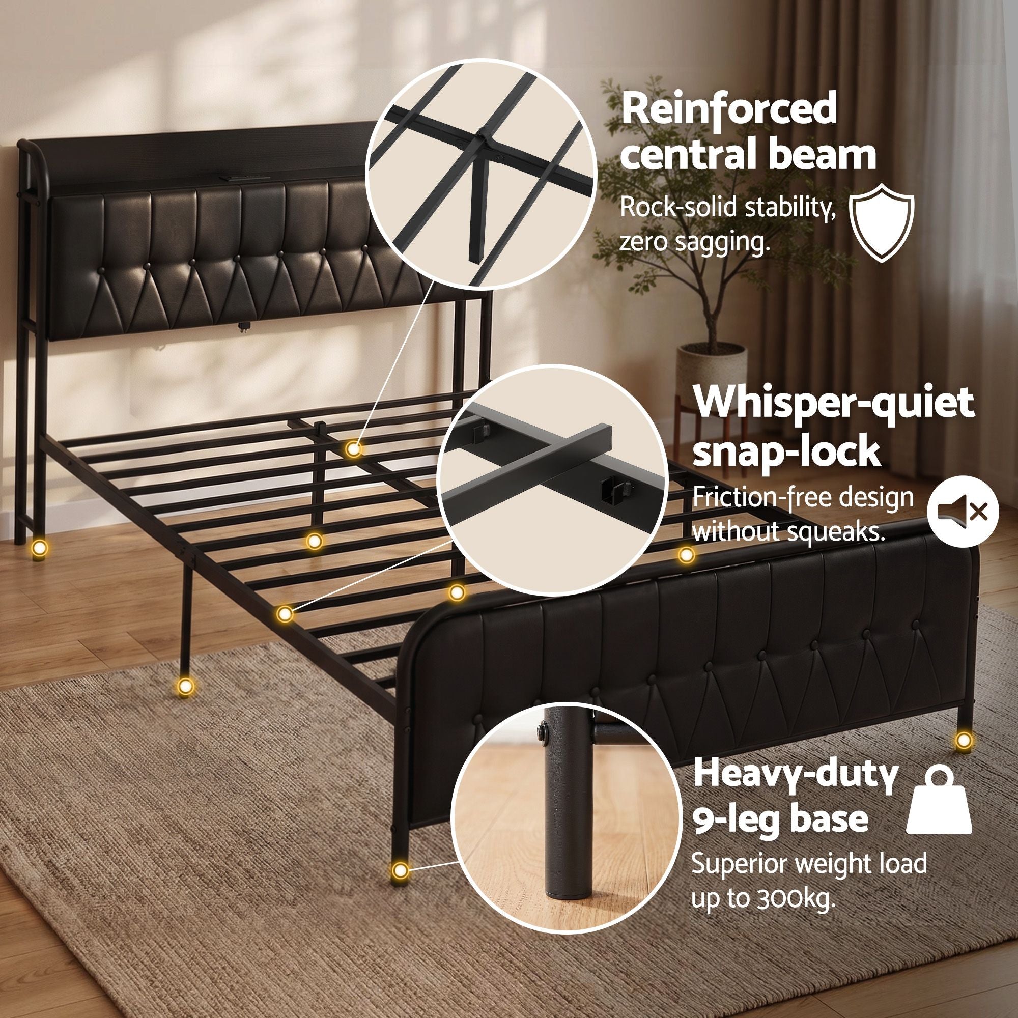 Double Bed Frame with Storage Headboard and SAA Certified Charging Station - PU Leather