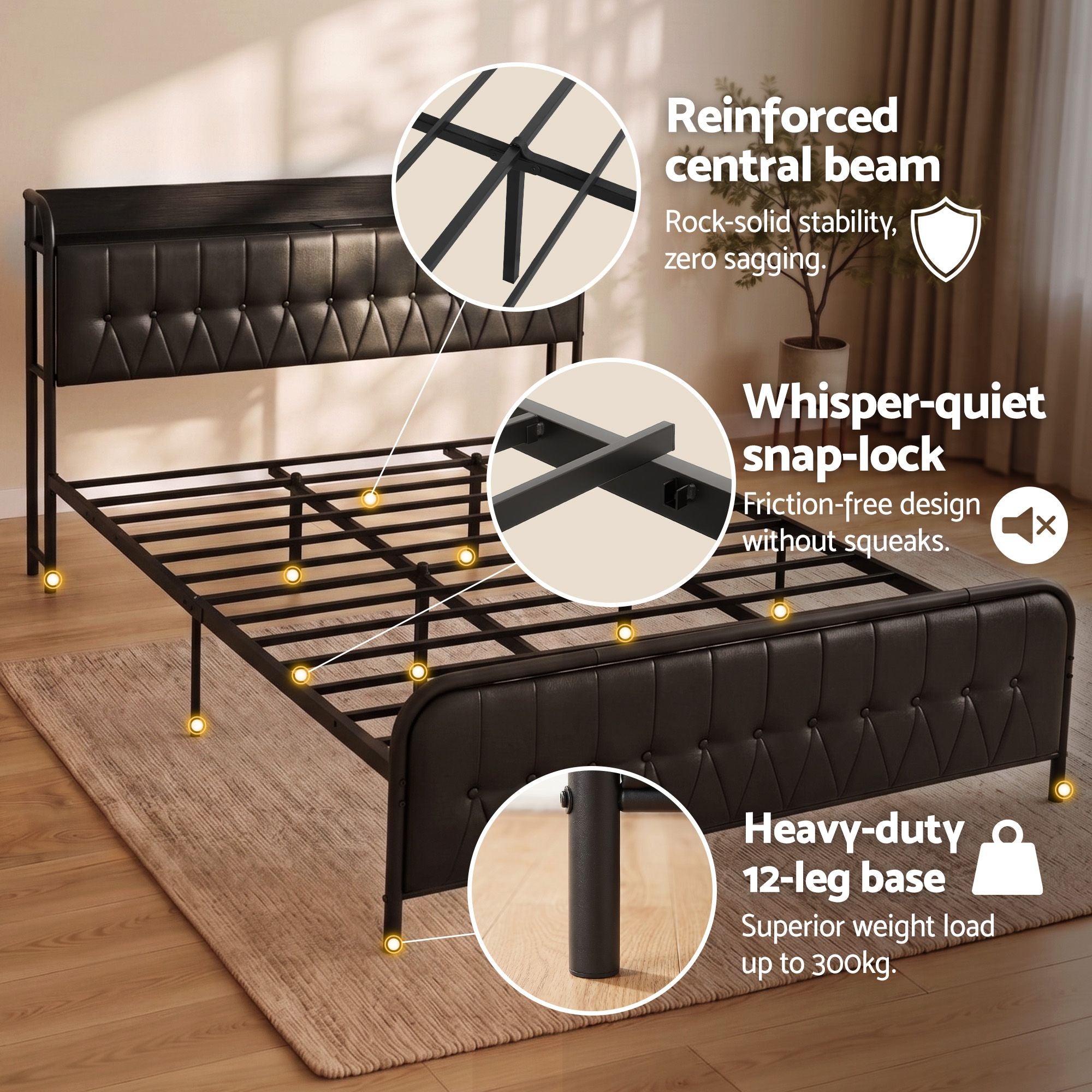 King Bed Frame with Storage Headboard SAA Certified Charging Station