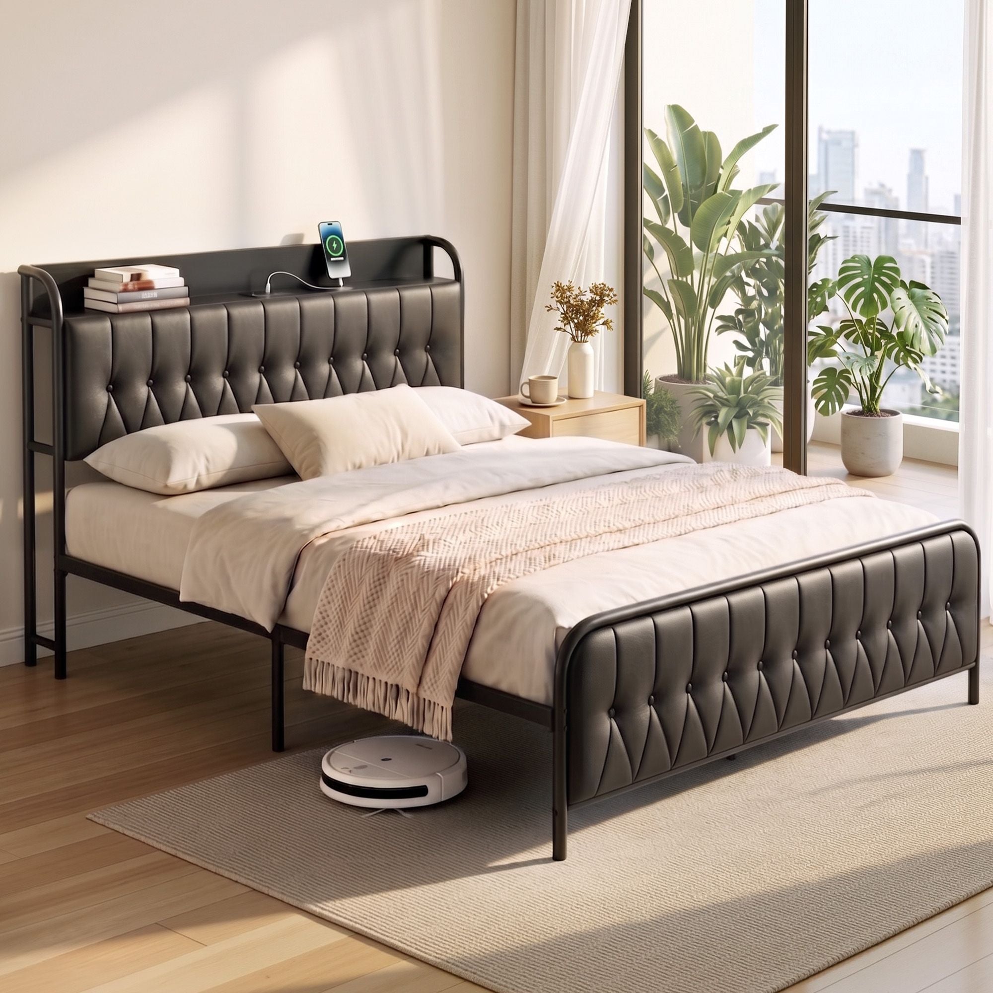 Queen Bed Frame with Storage Headboard SAA Certified Charging Station