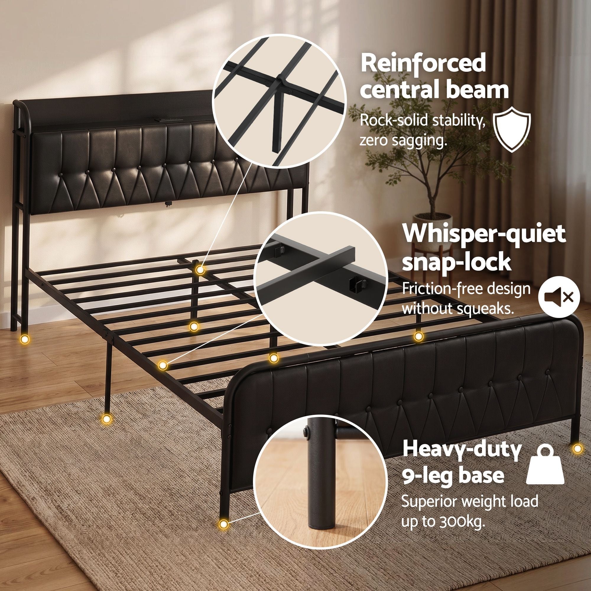 Queen Bed Frame with Storage Headboard and SAA Certified Charging Station - PU Leather