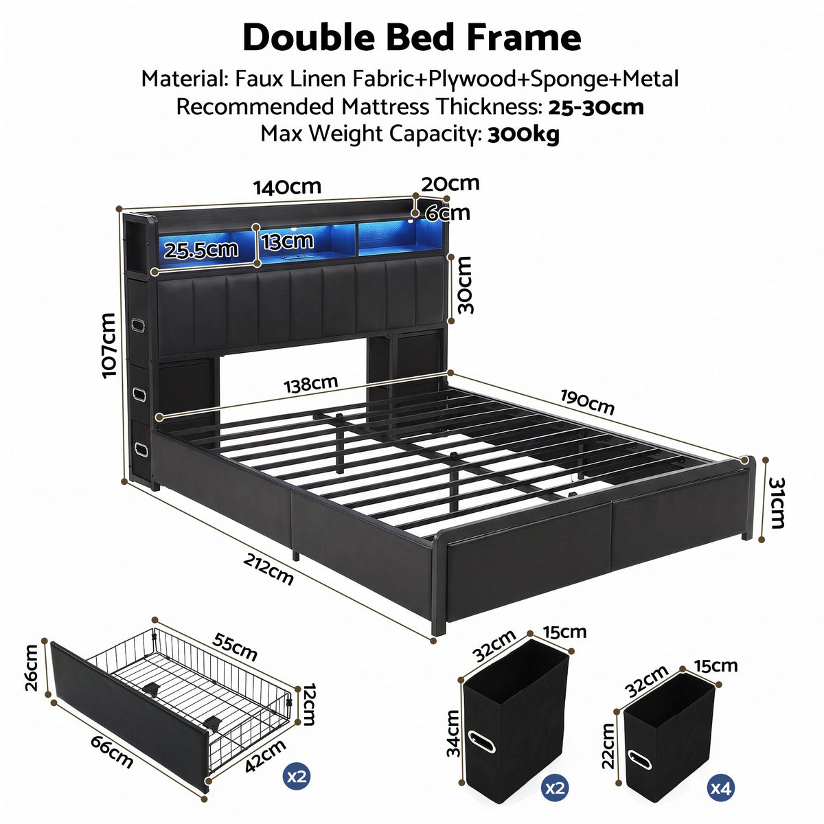 Double Bed Frame with Storage Headboard, 2 Drawers, Charging Station & LED Light - Black