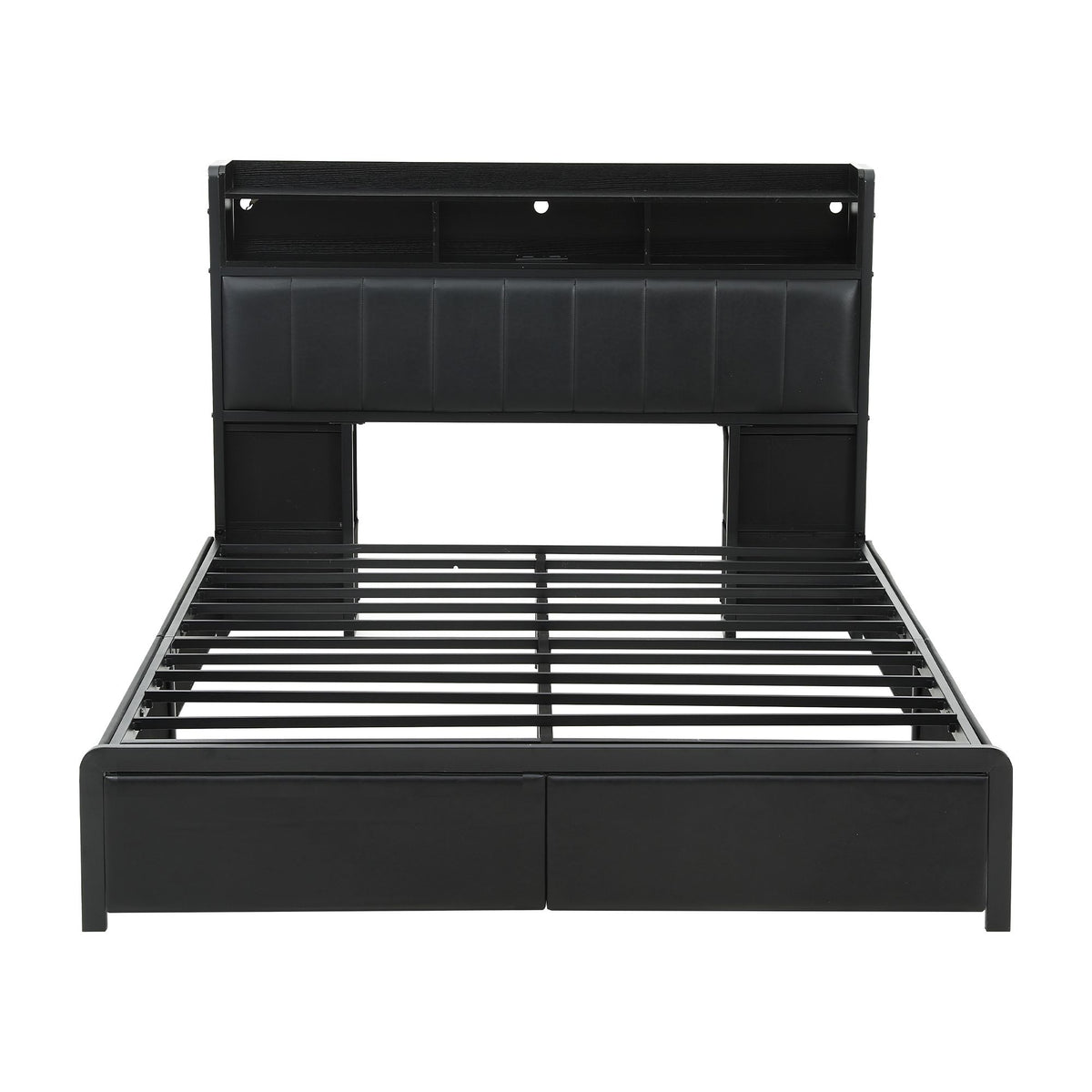 Double Bed Frame with Storage Headboard, 2 Drawers, Charging Station & LED Light - Black