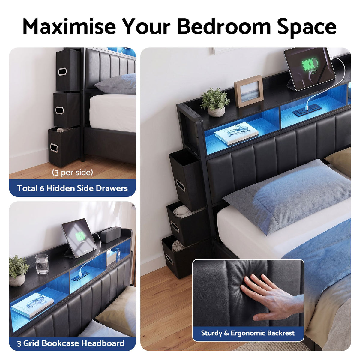 Double Bed Frame with Storage Headboard, 2 Drawers, Charging Station & LED Light - Black