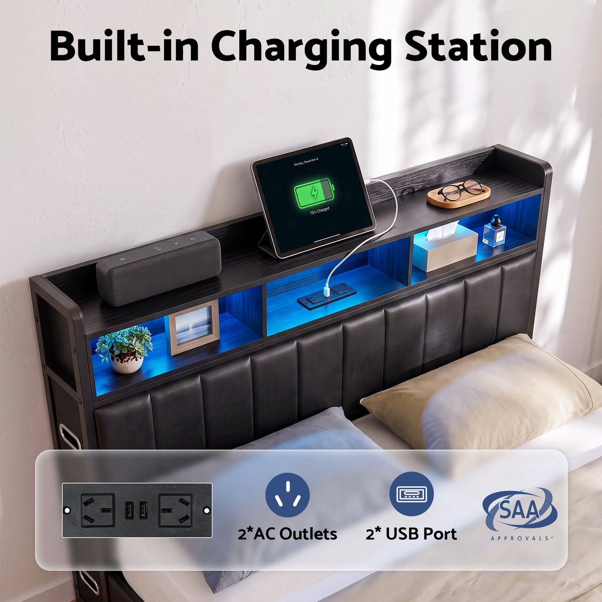 Double Bed Frame with Storage Headboard, 2 Drawers, Charging Station & LED Light - Black