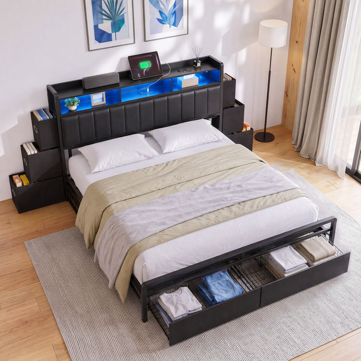 King Bed Frame with Storage Headboard, 2 Drawers, Charging Station & LED Light - Black