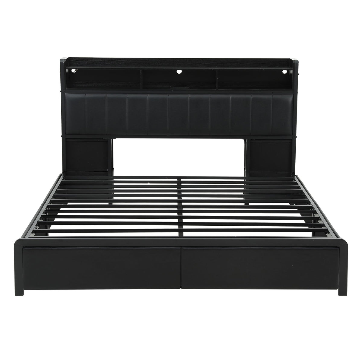 King Bed Frame with Storage Headboard, 2 Drawers, Charging Station & LED Light - Black