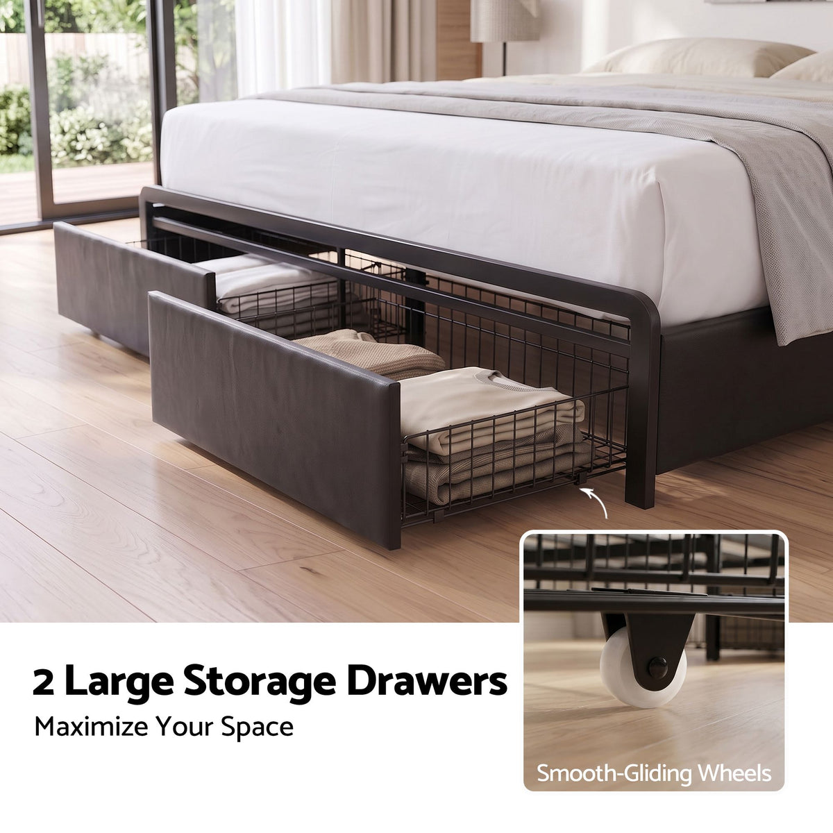 King Bed Frame with Storage Headboard, 2 Drawers, Charging Station & LED Light - Black