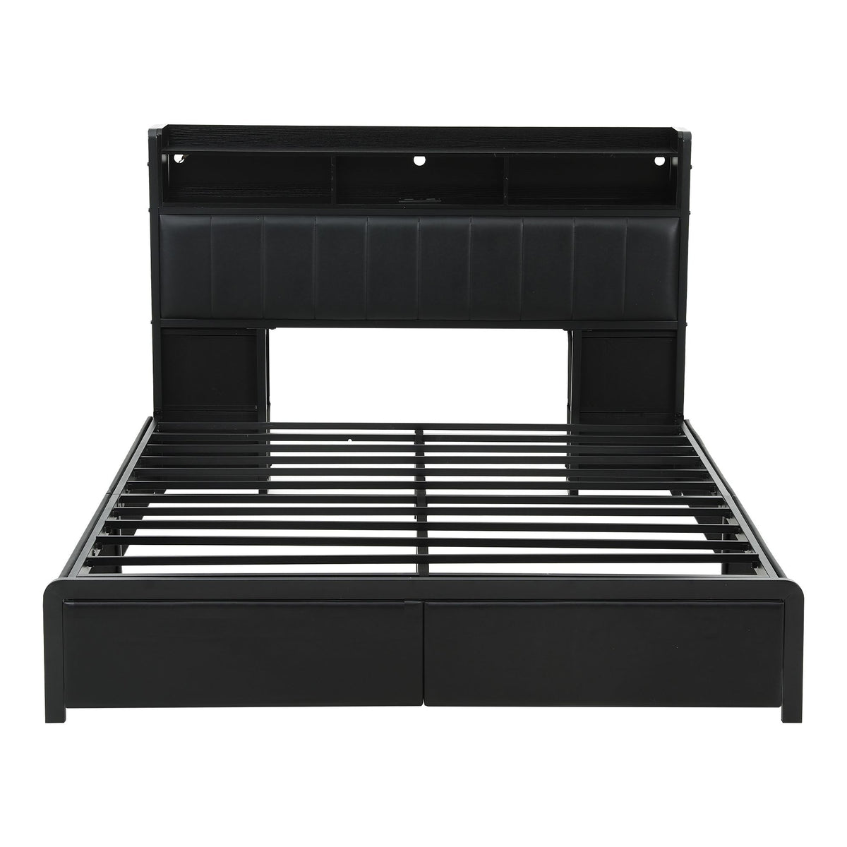 Queen Bed Frame with Storage Headboard, 2 Drawers, Charging Station & LED Light - Black