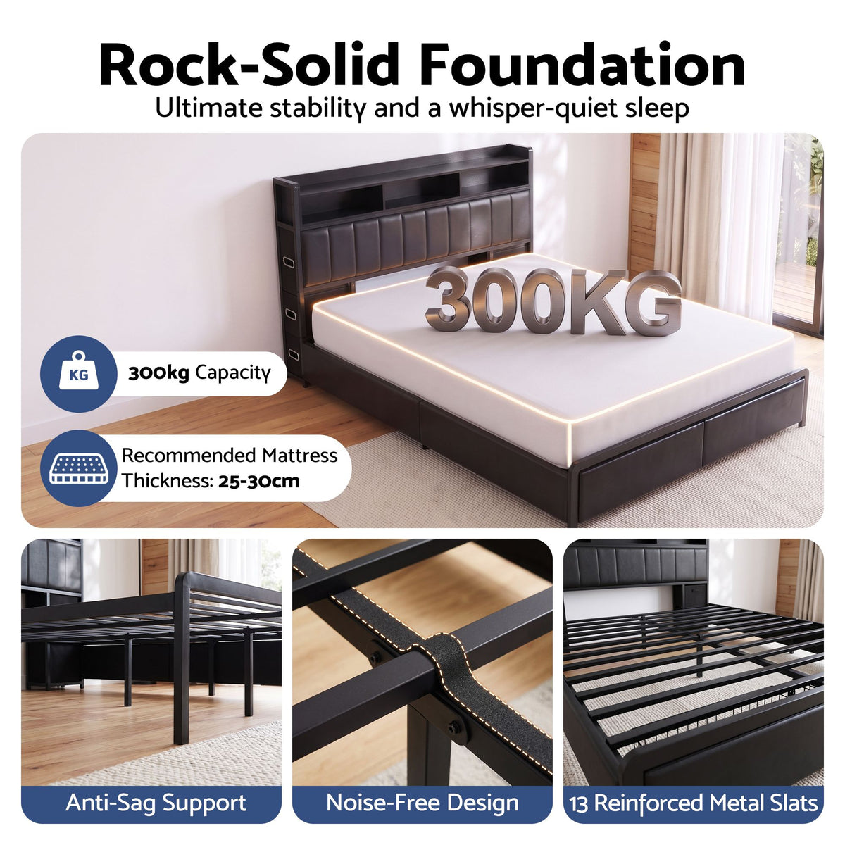 Queen Bed Frame with Storage Headboard, 2 Drawers, Charging Station & LED Light - Black