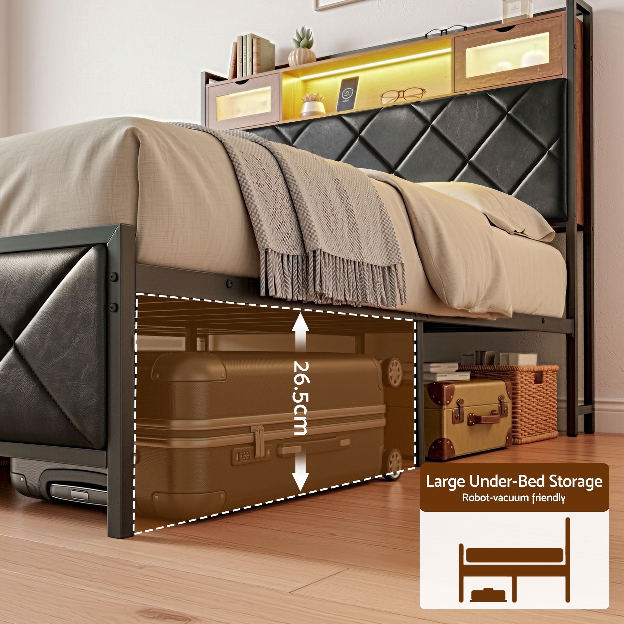 Double Bed Frame with LED Lights Storage Headboard 2 USB 2 AC Outlets Charging Station