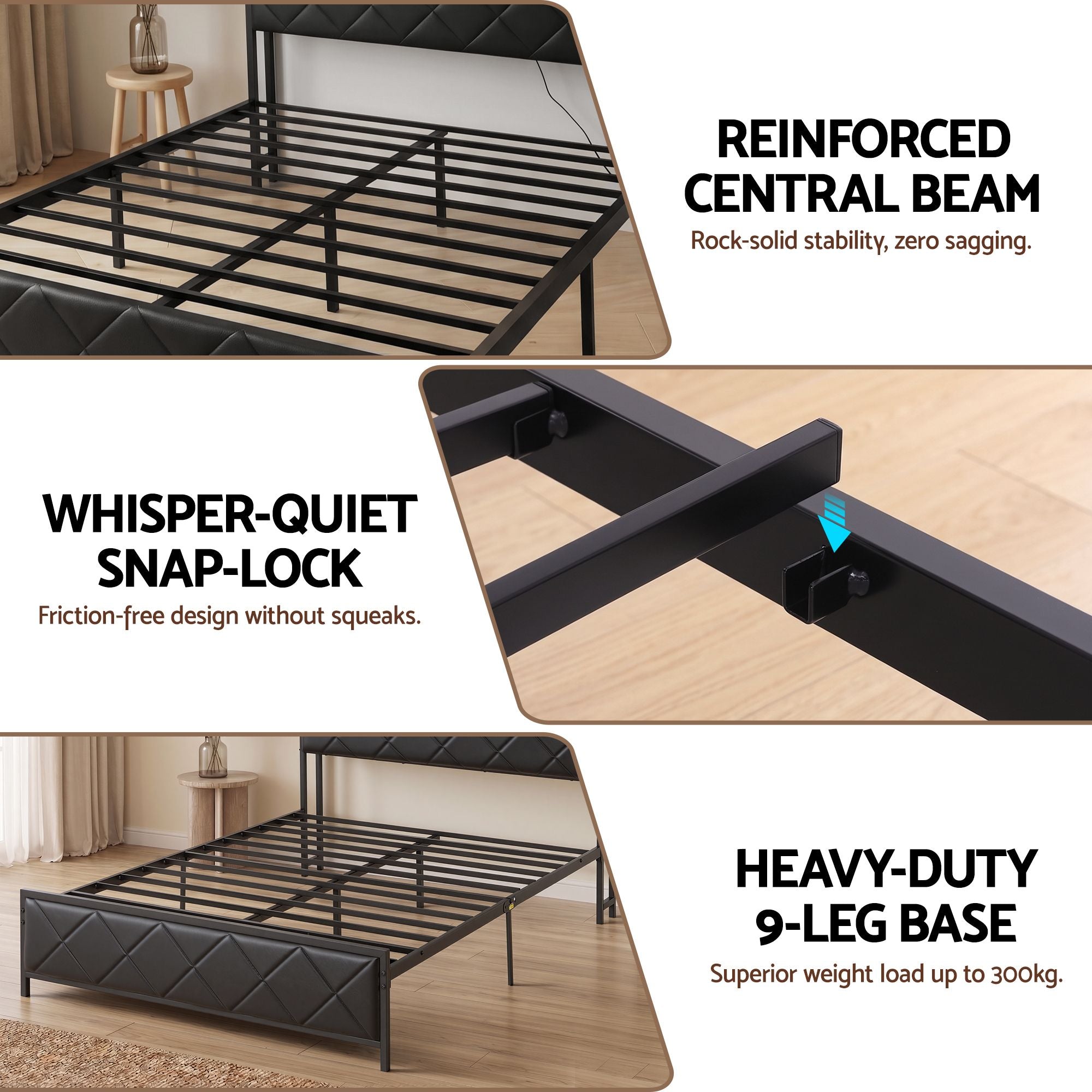 Double Bed Frame with LED Lights Storage Headboard 2 USB 2 AC Outlets Charging Station
