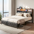 King Bed Frame with LED Lights, Storage Headboard & Charging Station - PU Leather