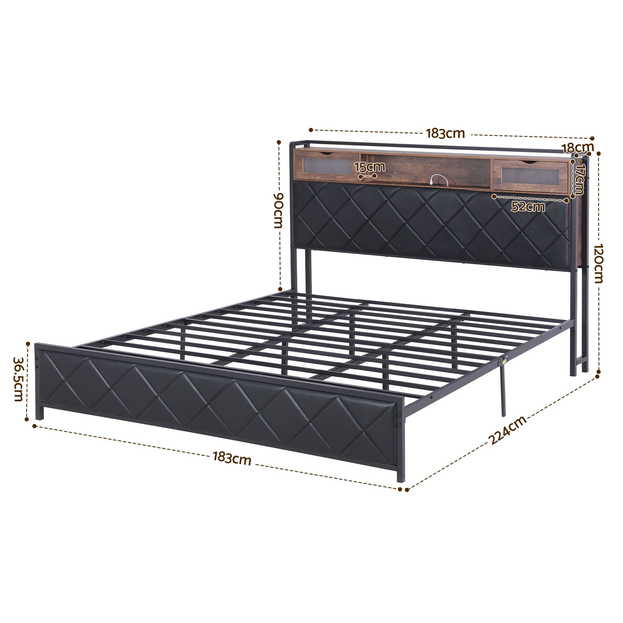 King Bed Frame with LED Lights and Storage Headboard Charging Station